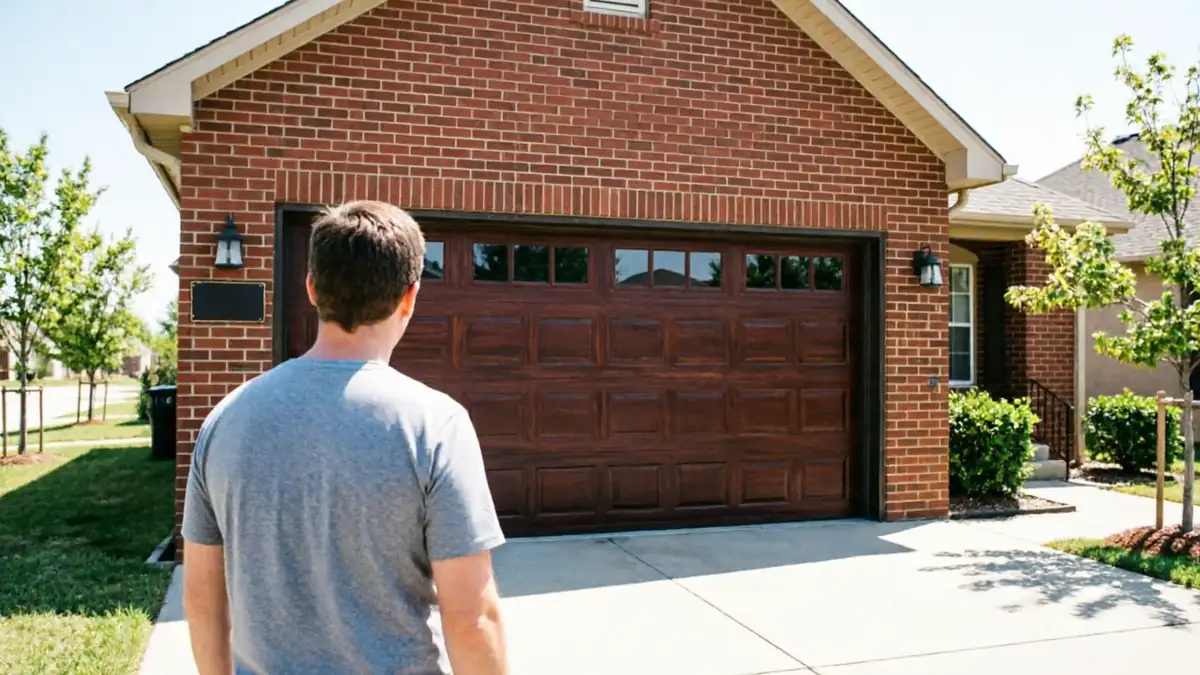 A man stands in front of a brown garage door on a brick house.