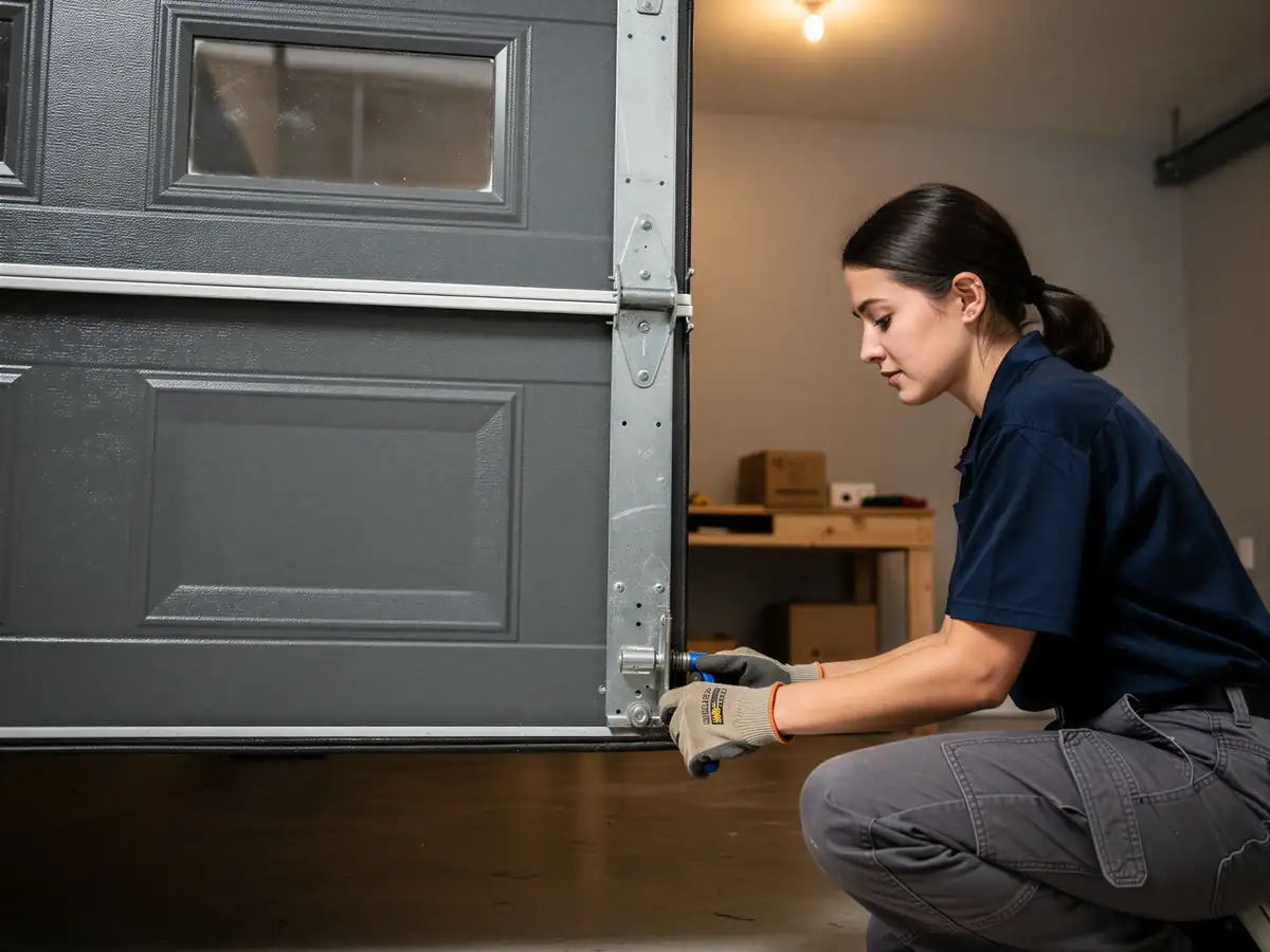 A technician is crouching and working on the bottom of a gray garage door.