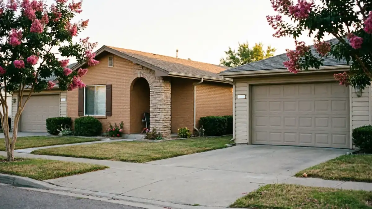 Two houses with beige garage doors and pink flowering trees line a suburban street.