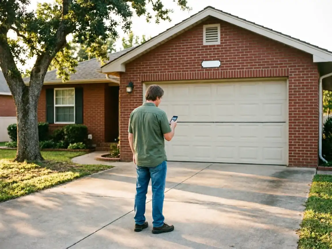 A man stands in a driveway, looking at his phone in front of a garage door.