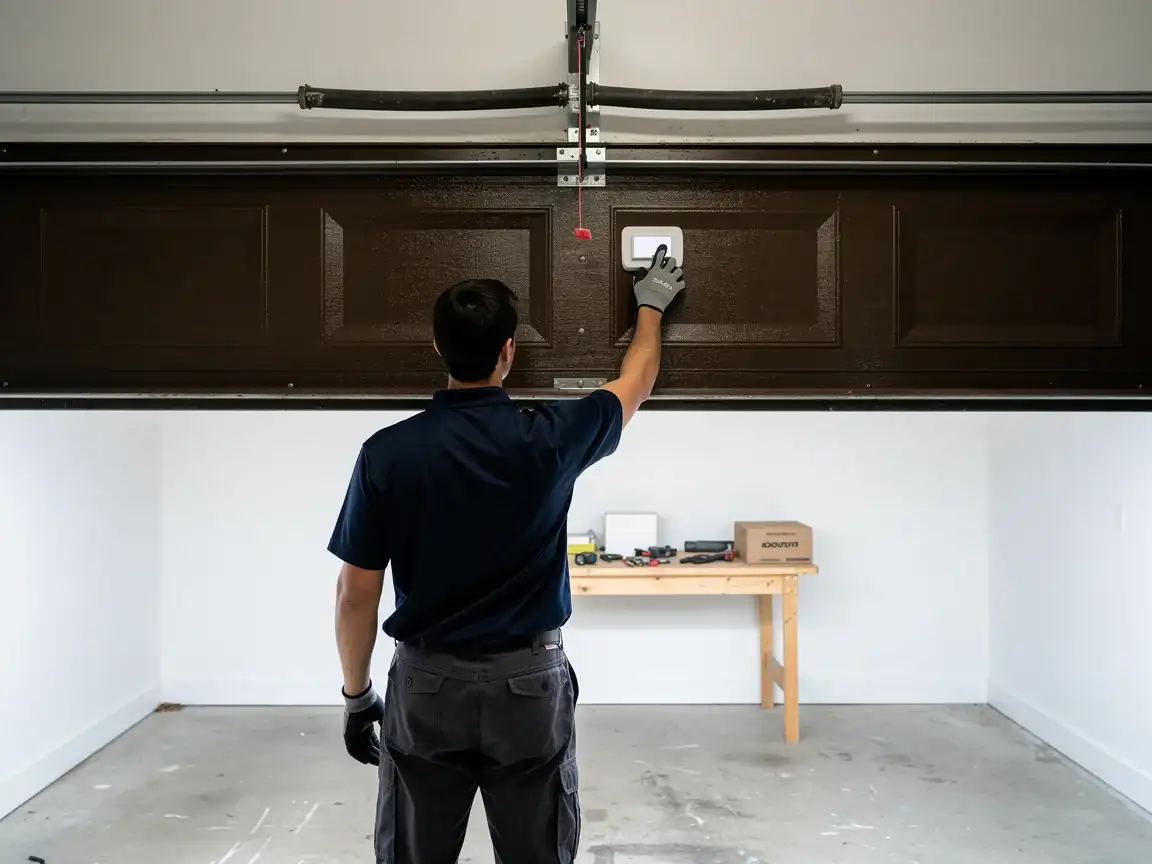 A technician adjusts a control panel on a brown garage door.