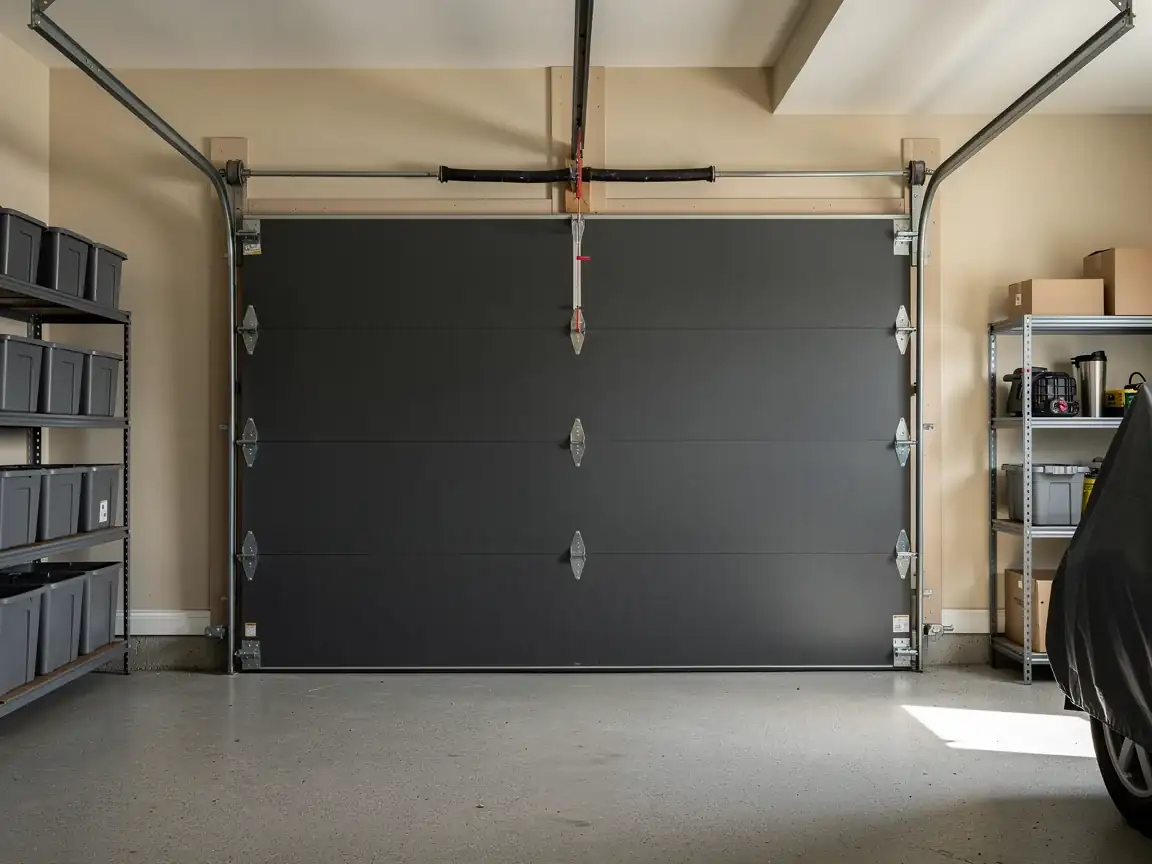 A closed gray garage door is centered in a clean garage.