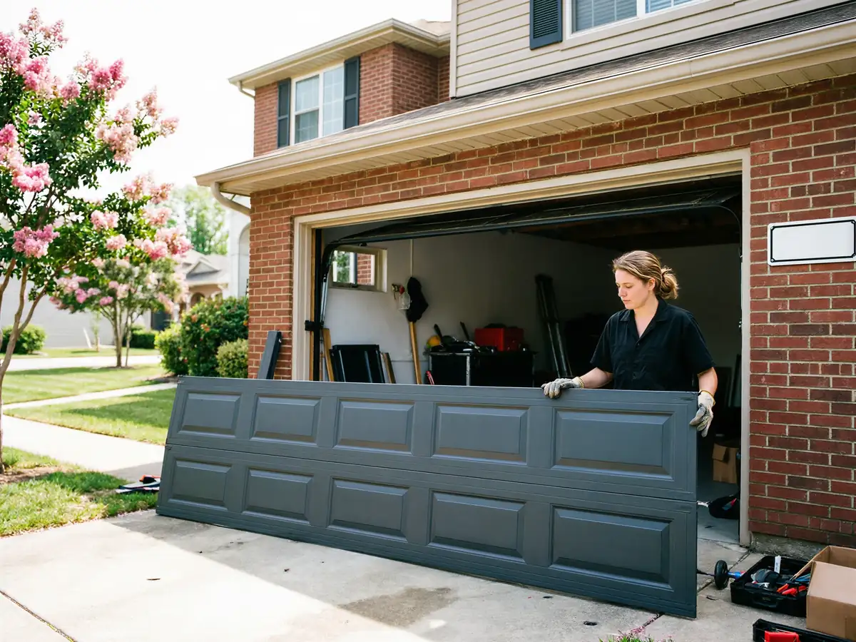 A technician in gloves is holding a gray garage door panel in a driveway.