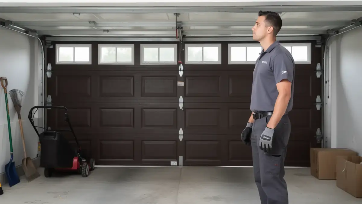 A technician stands in a garage looking at a closed brown garage door.