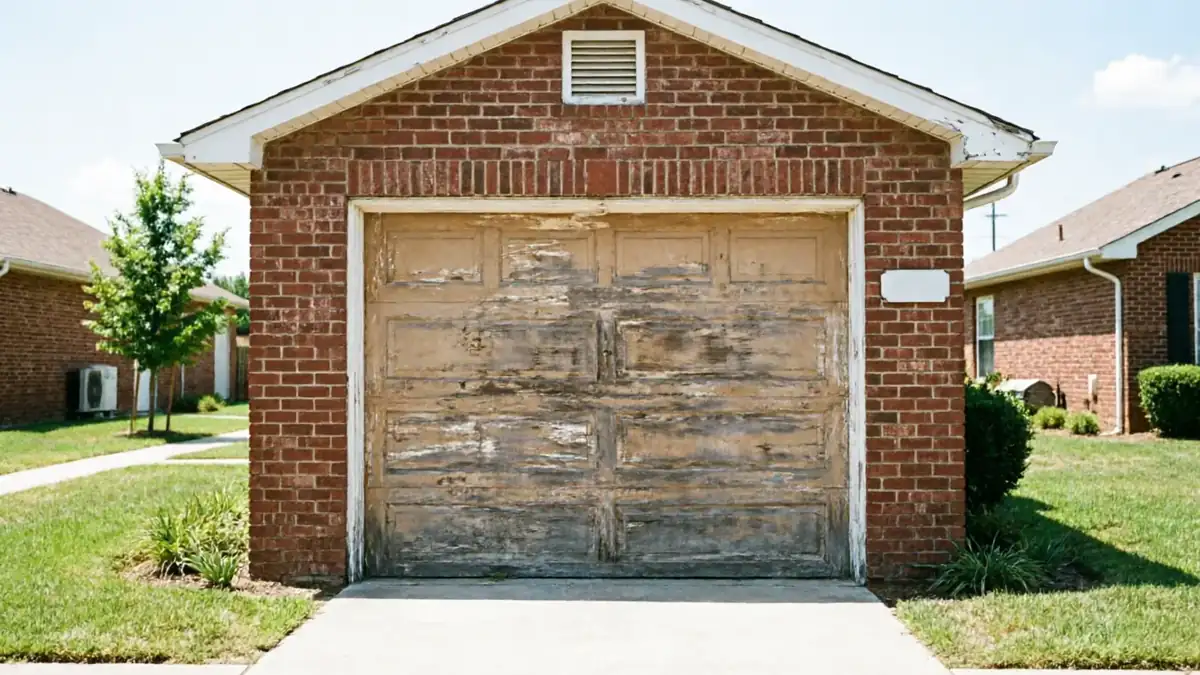 The peeling garage door is on a brick house with a green lawn.